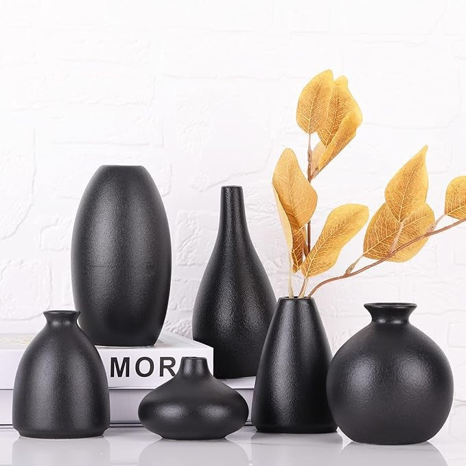 Black Ceramic Vase Set of 6 Matte Modern Bud Vases Home Decor Centerpiece