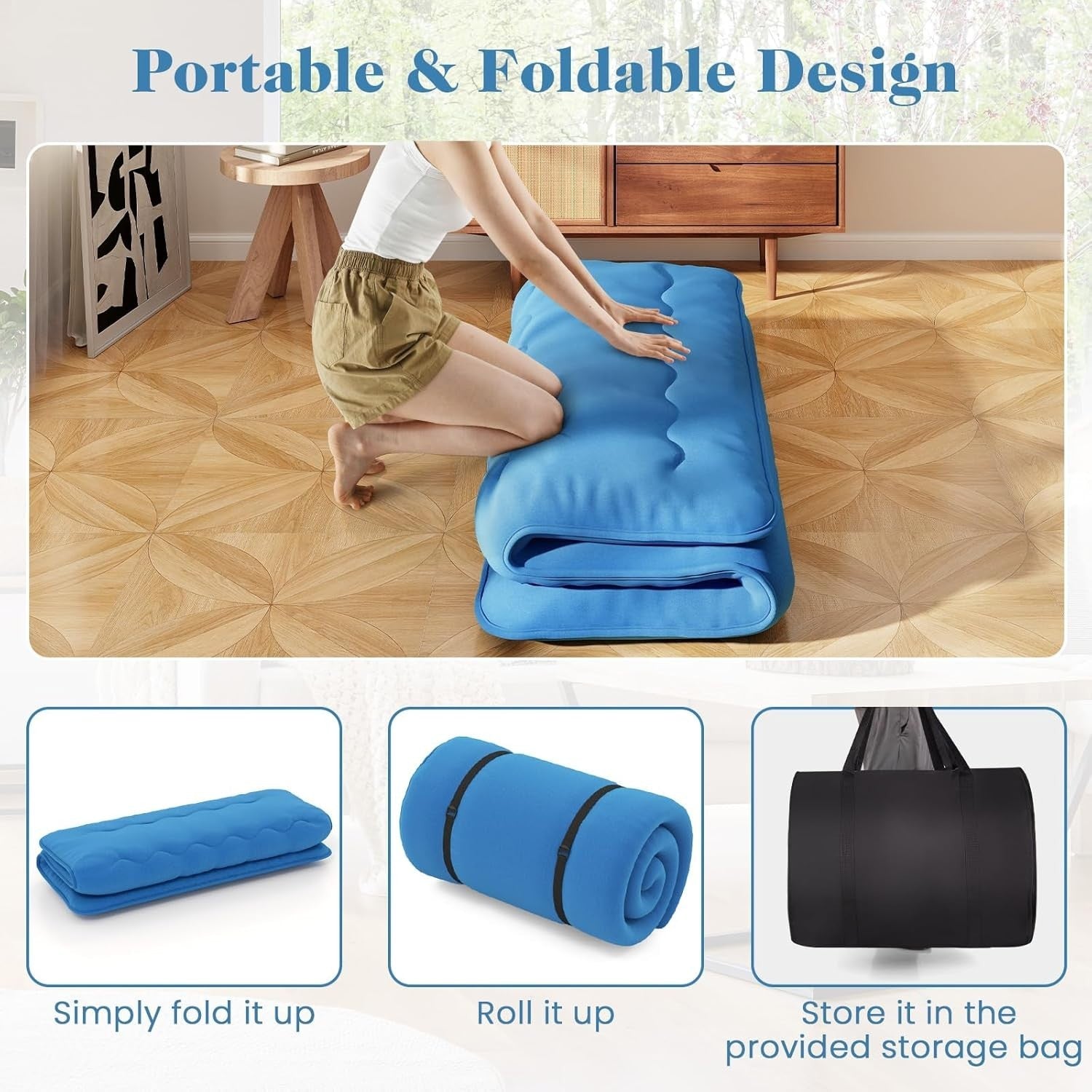 10cm Thick Japanese Floor Mattress Tatami Mat Sleeping Pad King Navy Blue
