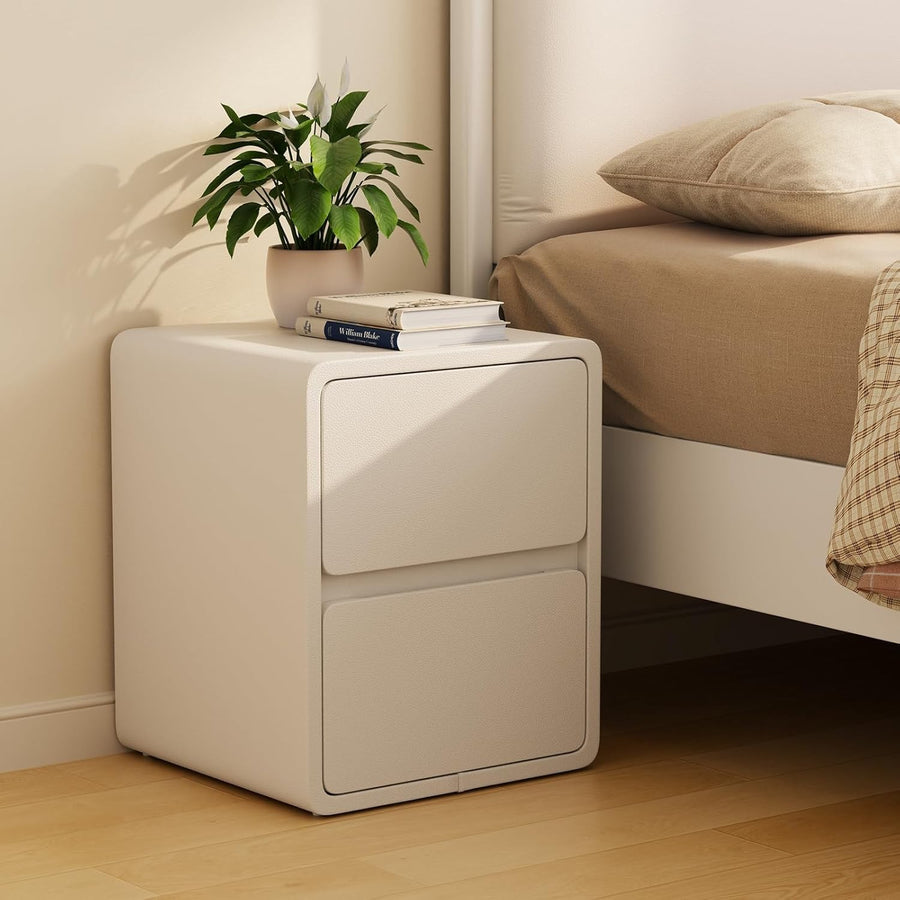 Wide White Bedside Table with 2 Drawers, Modern Leather-Finish