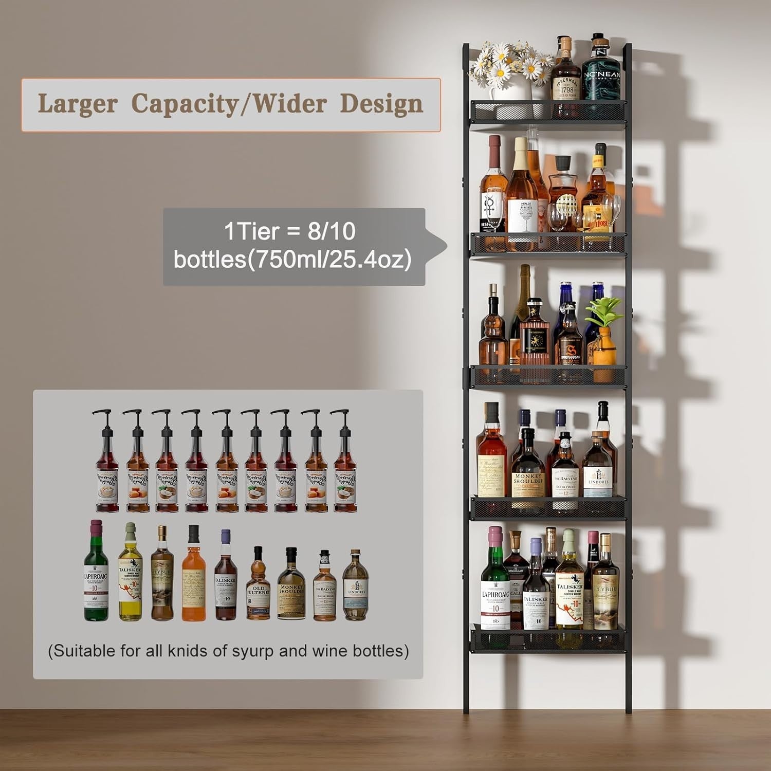 Tall Freestanding Wine Rack 5-Tier Metal & Wood Storage Shelves Holds 50 Bottles