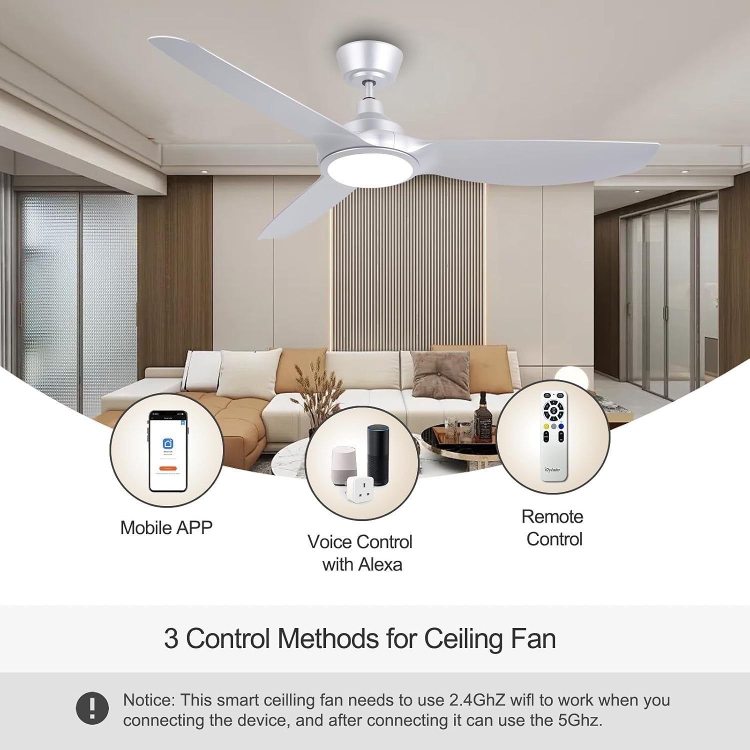 Ovlaim 132CM Silent DC Motor Smart Ceiling Fan with LED, Remote, App & Voice