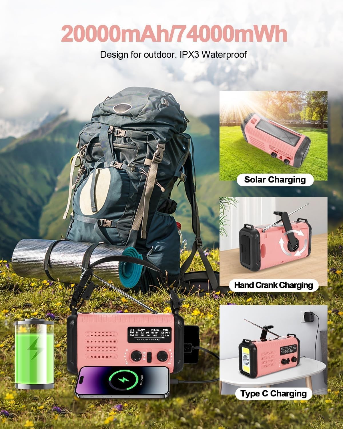 Wind Up Pink Solar Emergency Radio with 20000mAh Battery, AM/FM & Flashlight