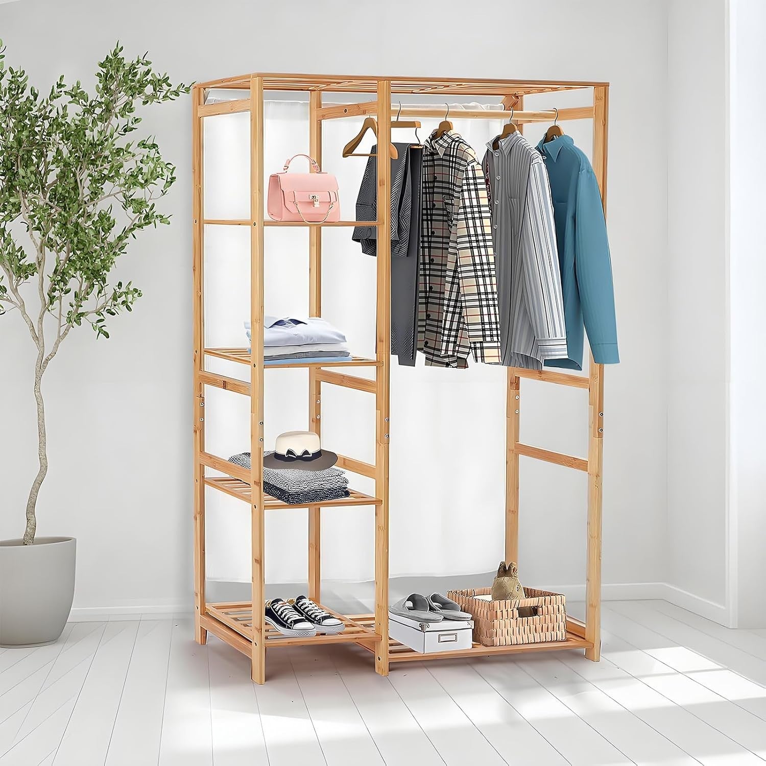 Bamboo Clothes Rail 147cm Garment Rack with 4 Shelves Open Wardrobe