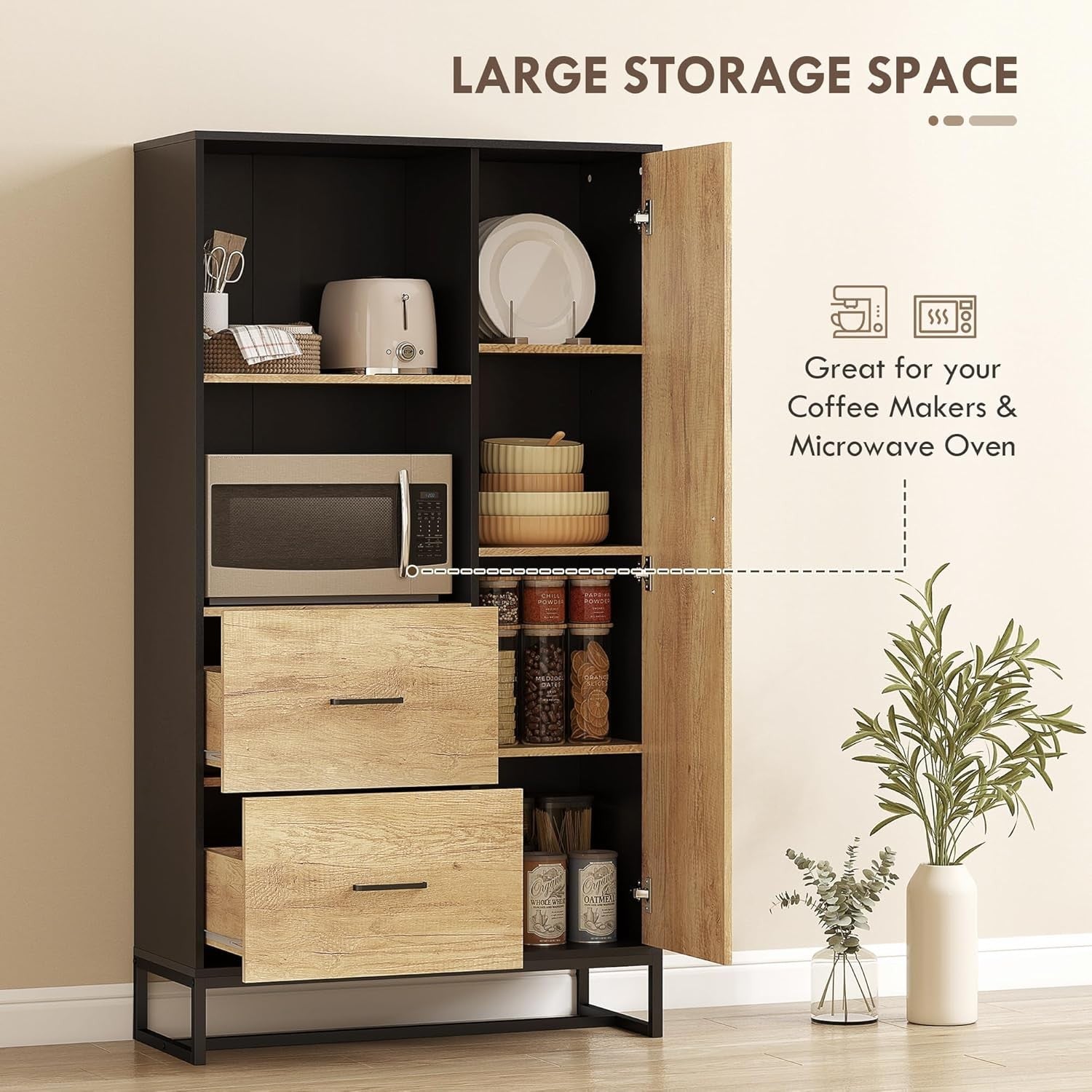 Freestanding Kitchen Storage Cabinet with Shelves Drawers & Microwave Stand
