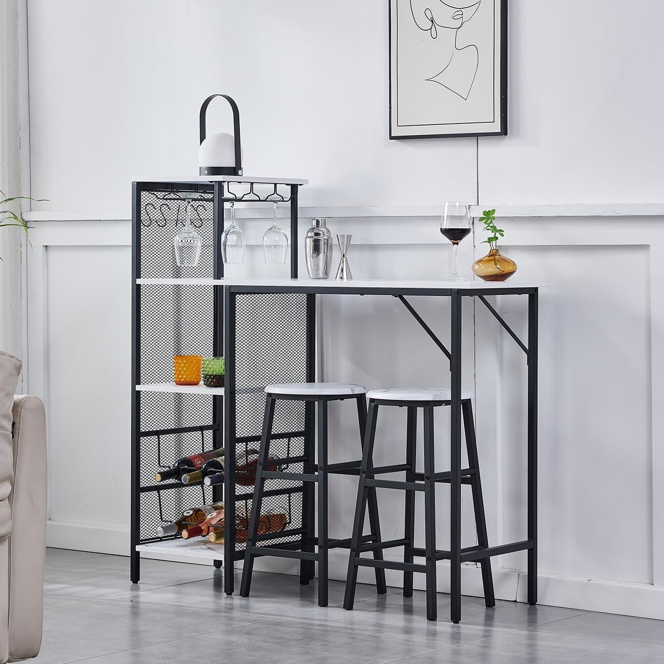 3Pcs Bar Table Set with Stools Wine Rack Cup Holder White Marble Dining Unit