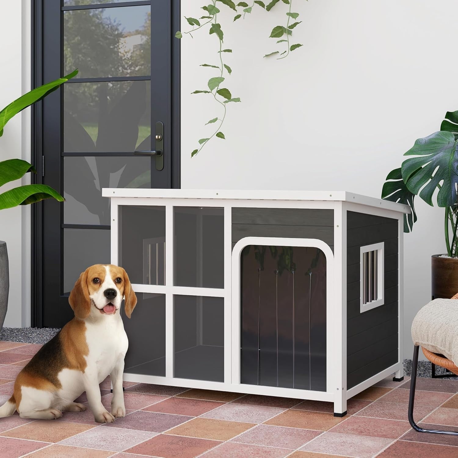 Large Wooden Dog Kennel Outdoor Shelter w/ Roof, Windows, Curtain | 103x77x83cm