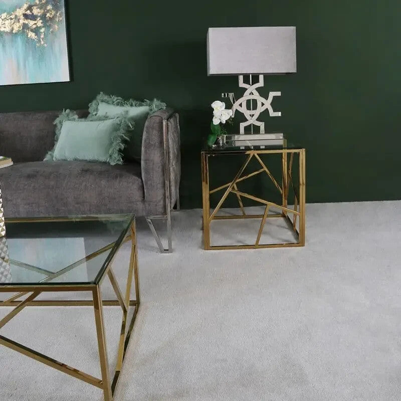 Modern Gold Glass End Table with Abstract Frame | Chic Side Accent Unit