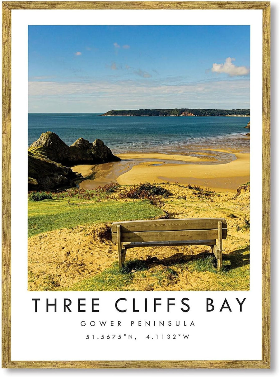 Framed Three Cliffs Bay Canvas Wall Art Modern Coastal Home Decor
