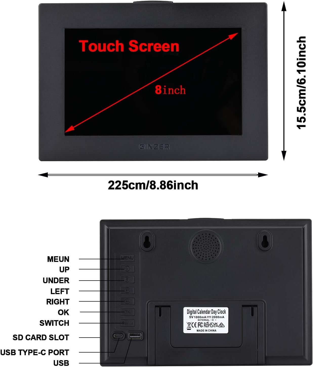Large Dementia Alarm Clock 8” Touch Screen Talking Day Date Display