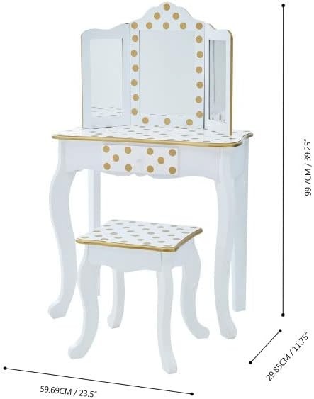 Kids Vanity Table with LED Mirror & Stool White Gold – Storage Drawer