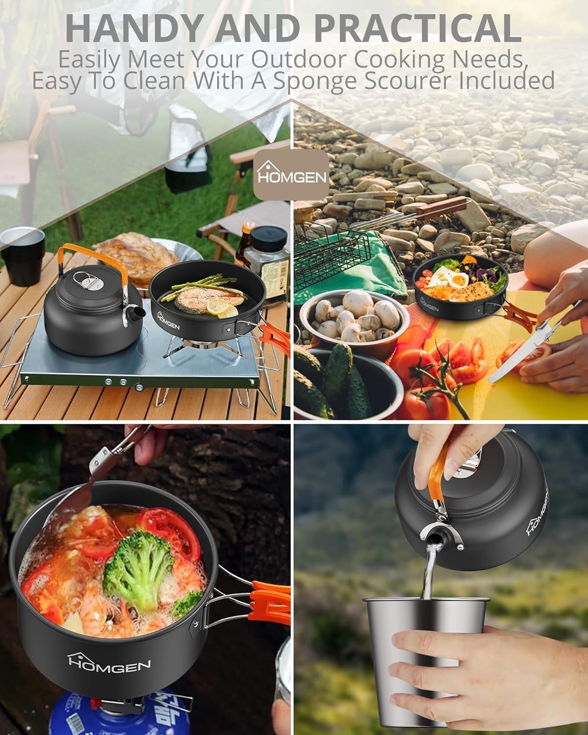 Orang Camping Cookware Set with Pot Frying Pan, Kettle & Utensils for 2–3 People
