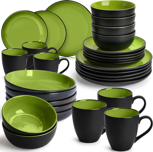 30pc Stoneware Dinner Set Green Plates Bowls Mugs Service for 6 Kitchen