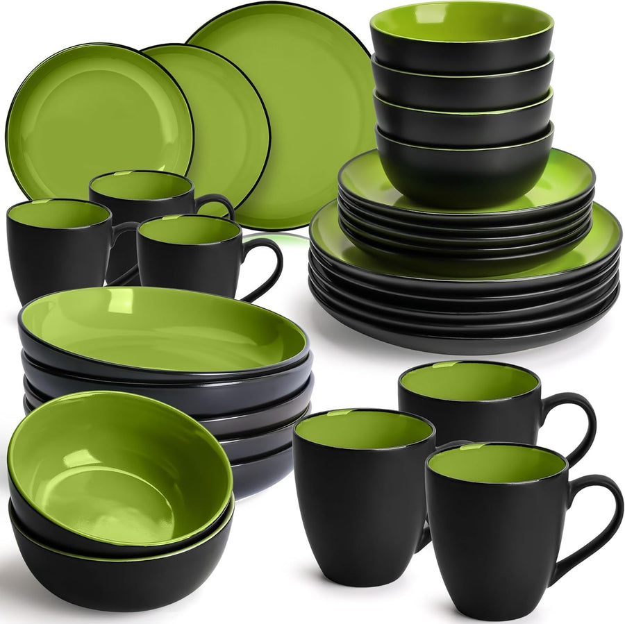 30pc Stoneware Dinner Set Green Plates Bowls Mugs Service for 6 Kitchen