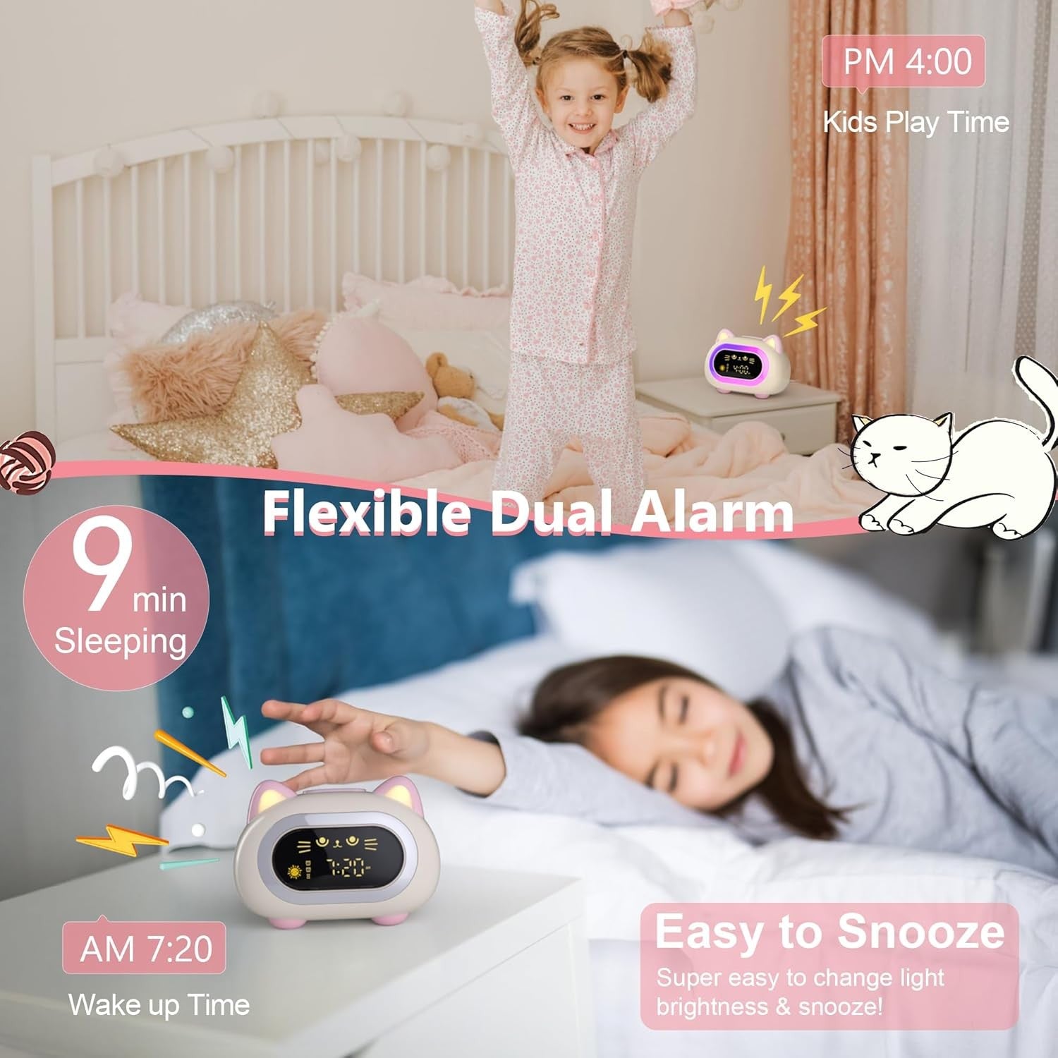 Kids Alarm Clock Sleep Training Night Light Dual Alarm Snooze LED