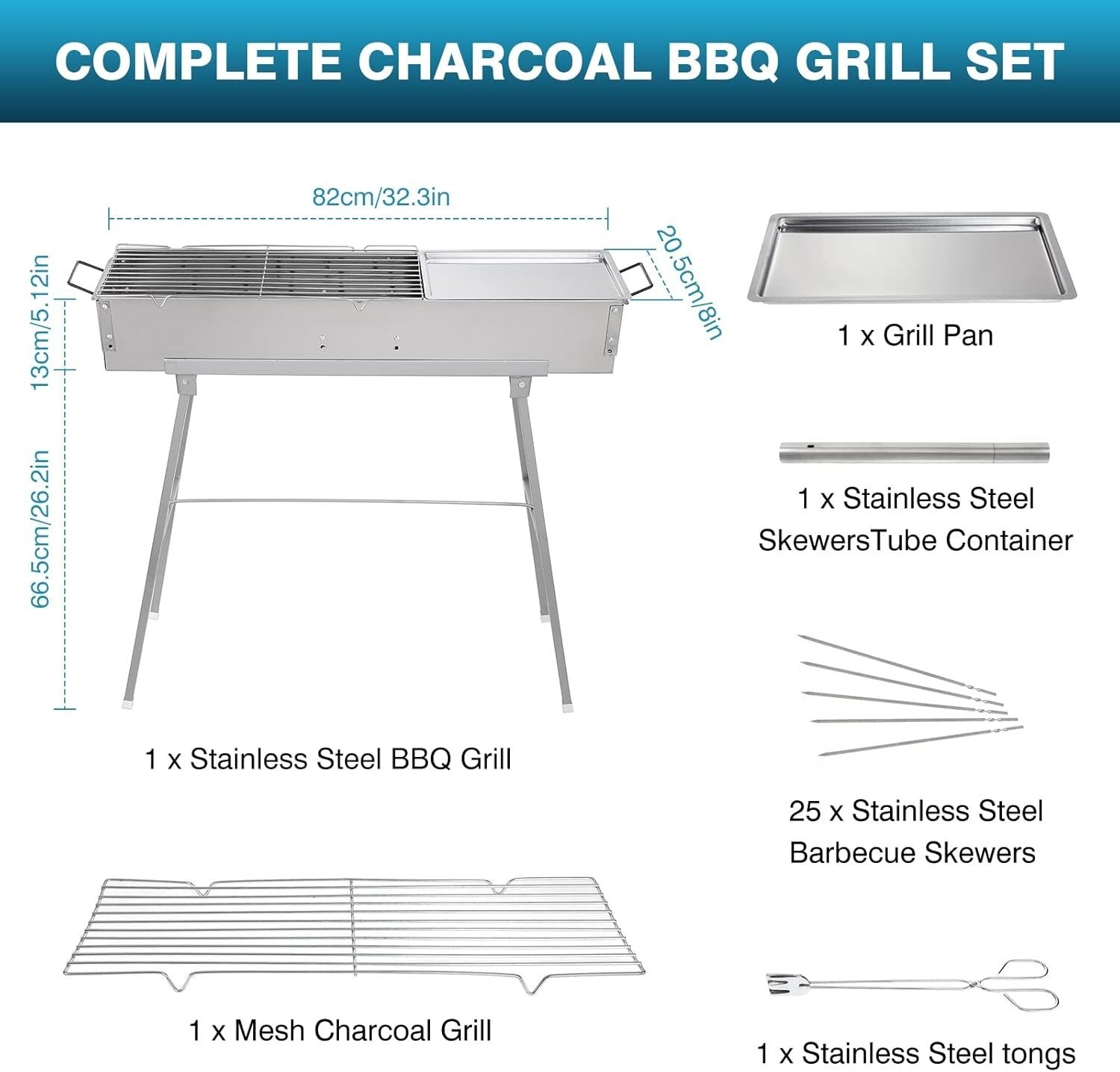 Portable Stainless Steel Charcoal BBQ Grill Folding Stand + 25 Kebab Skewers