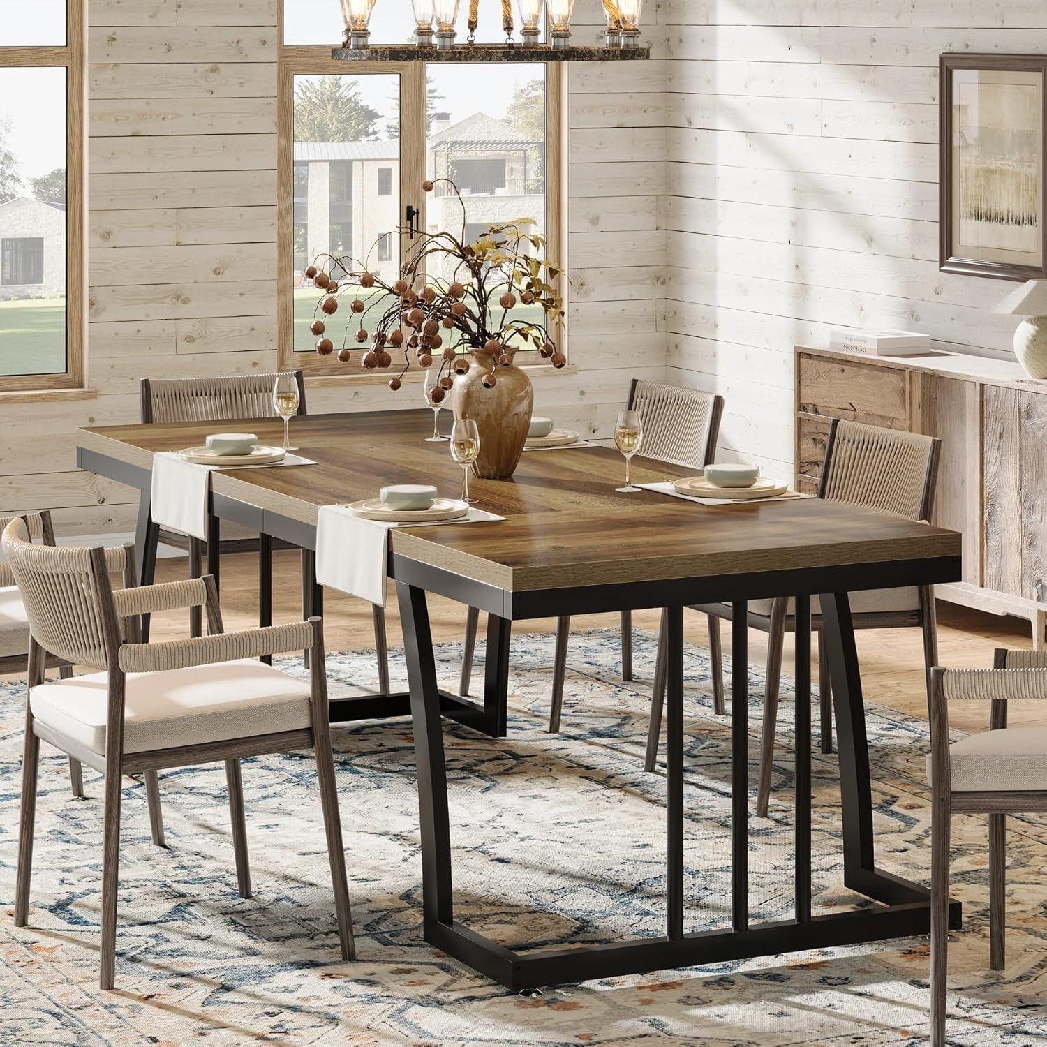 Rustic Dining Table Wood Metal Frame 6 Seater Kitchen Table Sturdy