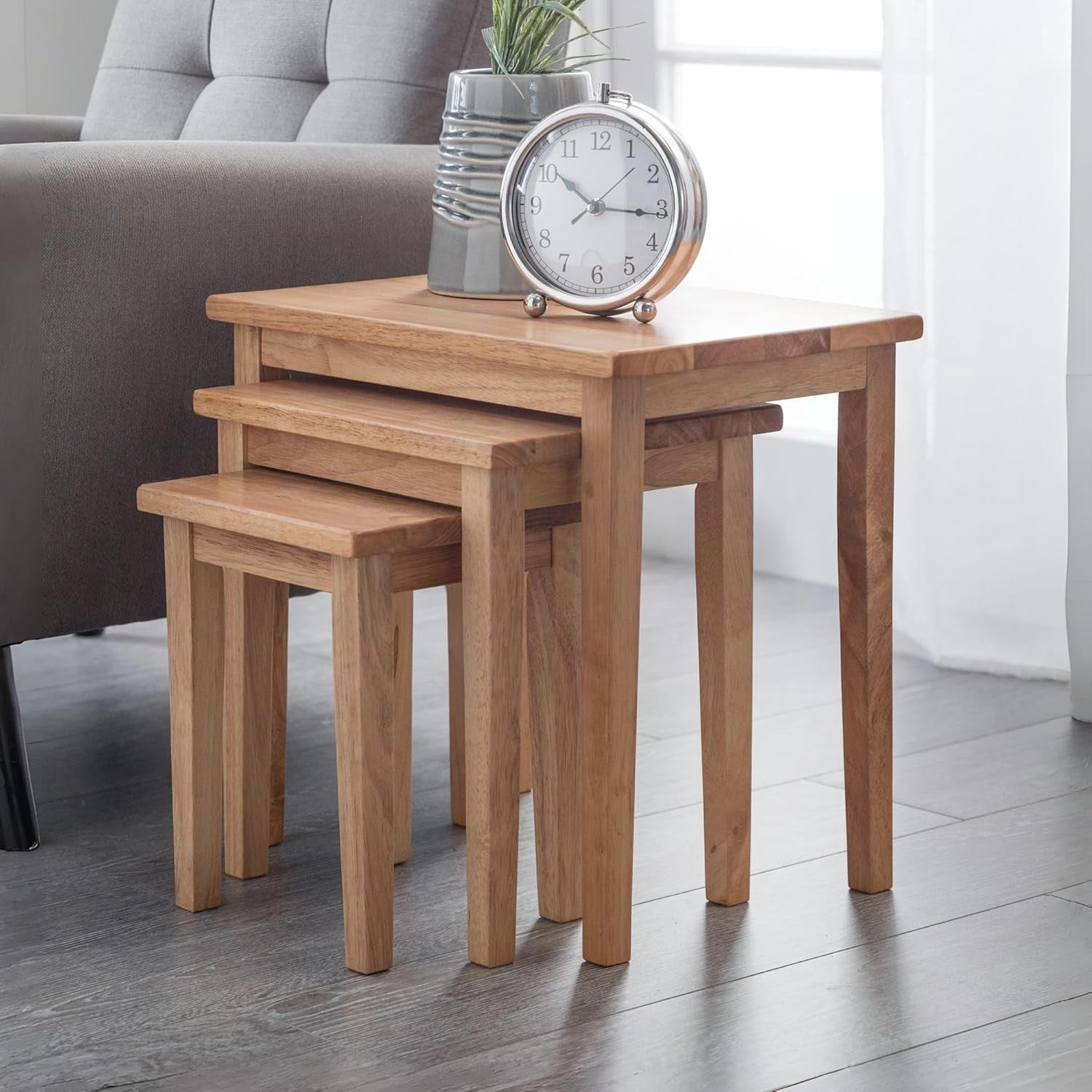 Light Oak Nest of 3 Tables Solid Wood Side End Coffee Table Set Space Saving