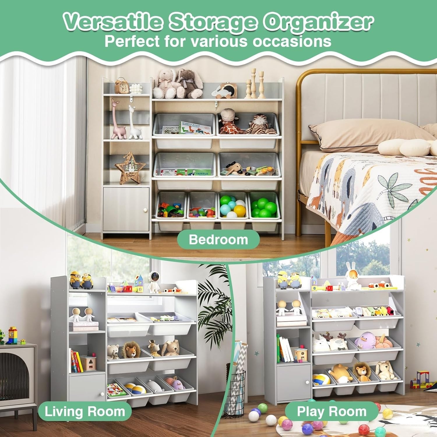 Kids Toy Storage Organizer with 8 Bins, Cabinet & Shelves, Safe & Waterproof