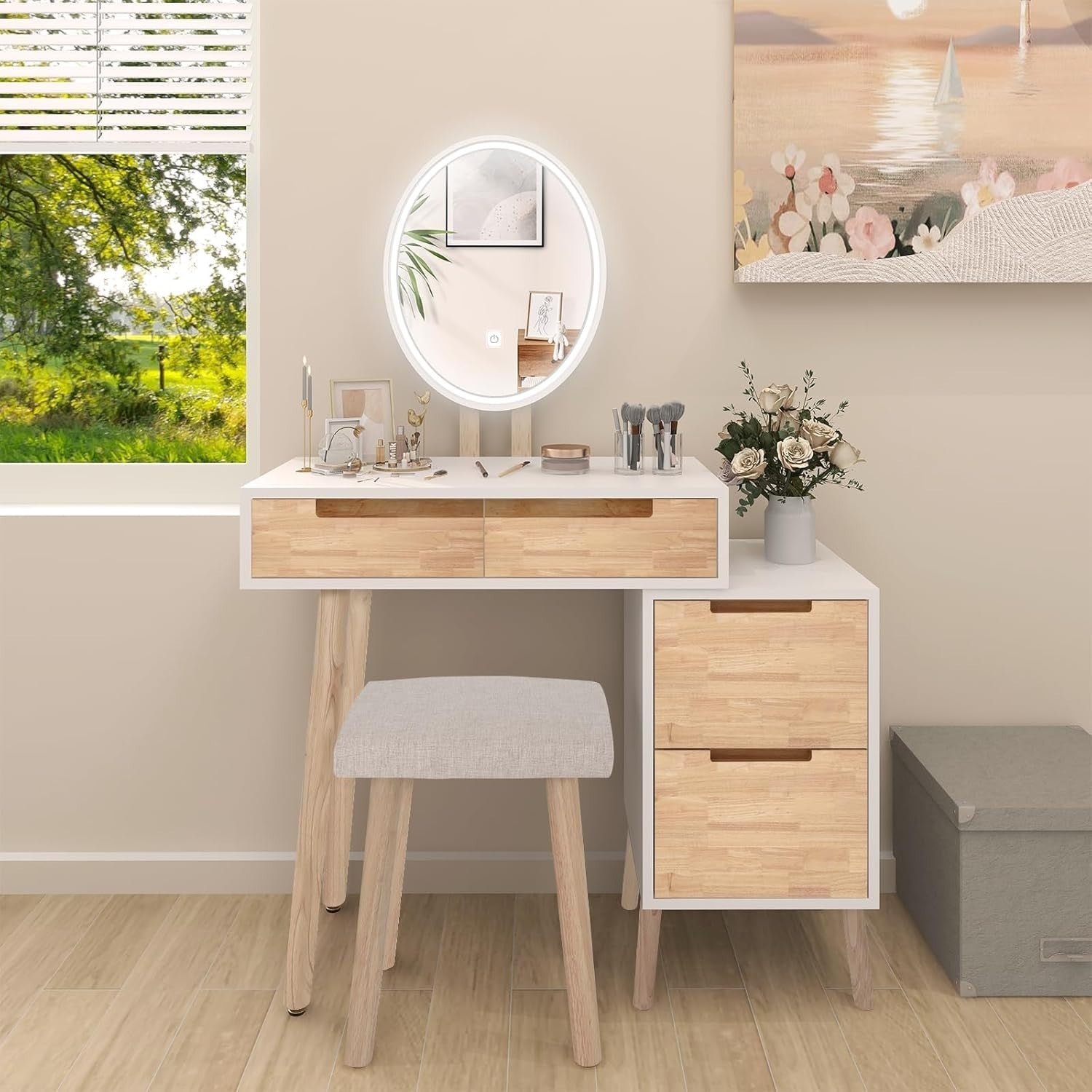 Rosewood Vanity Table Set Oval Mirror 3 Light Modes Makeup Desk 2 Drawers