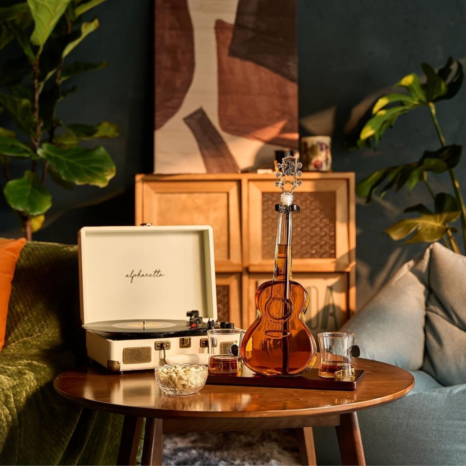 Guitar Whiskey Decanter 1L with Mahogany Base & 2 Glasses Music Lover Gift