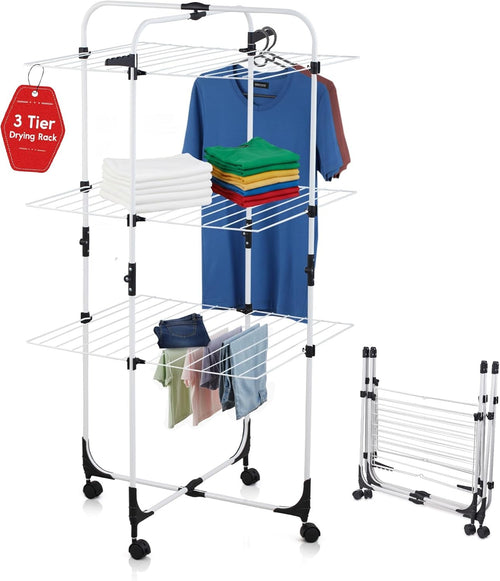 3 Tier Clothes Airer Drying Rack Folding Rolling Laundry Tower Space Saving