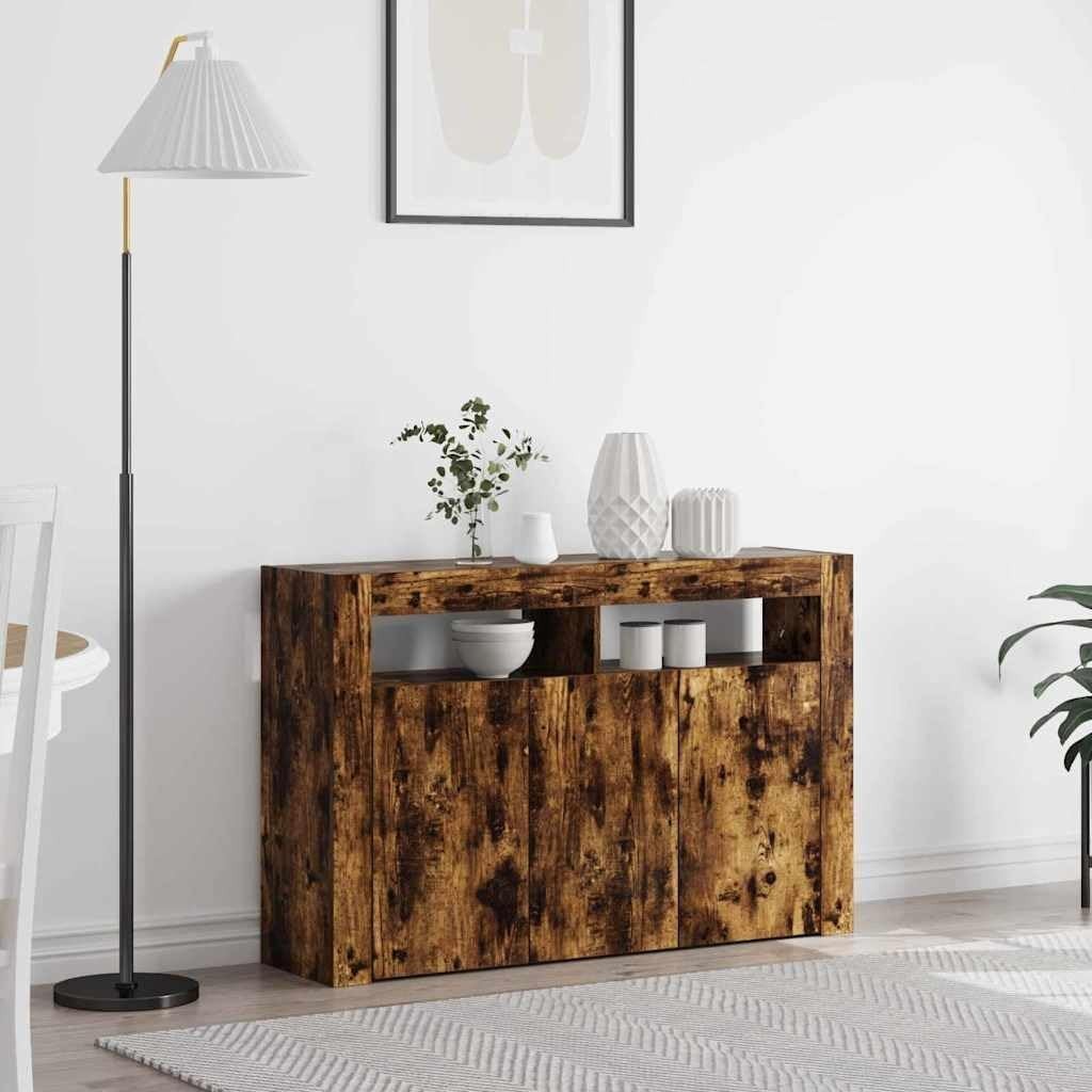 Modern Smoked Oak Sideboard with LED Lights | 8 Storage Compartments | 3 Doors