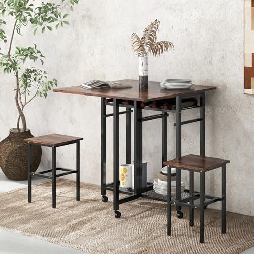 Foldable Drop Leaf Dining Table Set with Storage Shelves, Wine Rack & Stools