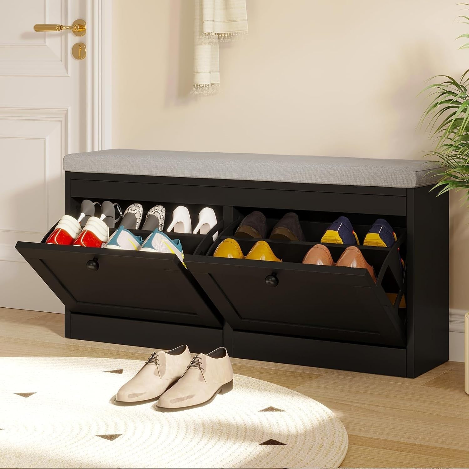 Black Flip Drawer Shoe Storage Bench with Padded Seat & Adjustable Shelves