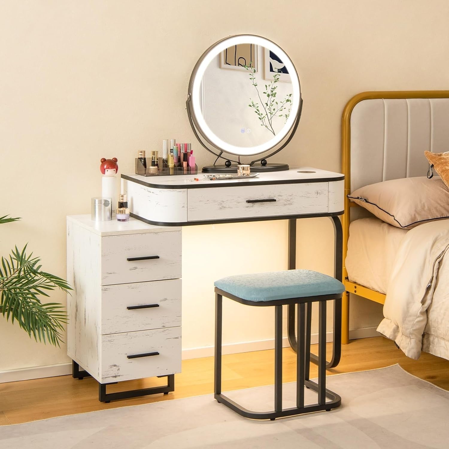 Vanity Makeup Dressing Table Set with Lighted Mirror Stool 3-Drawer Charger