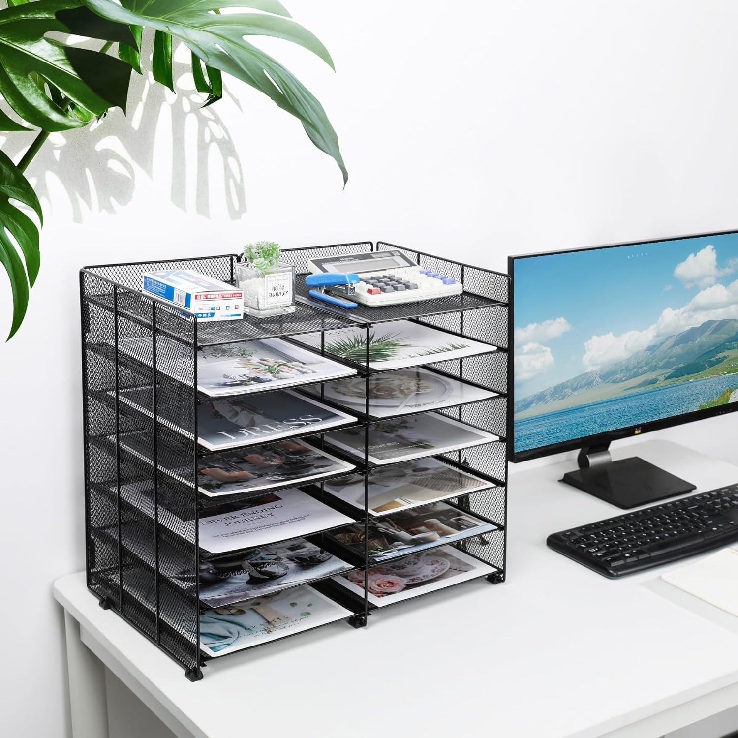 7-Tier Adjustable Mesh Desk Organiser, 12 Compartment File & Letter Tray Rack, B