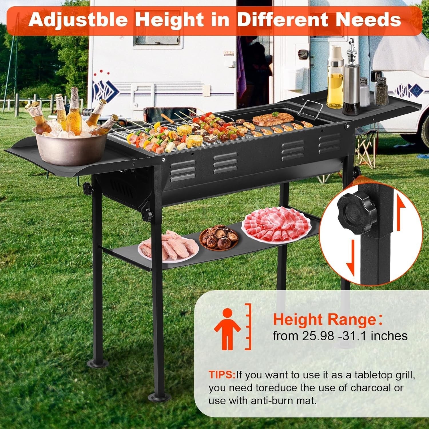 Portable Charcoal BBQ Grill with Storage Shelf Adjustable Height Outdoor Camping
