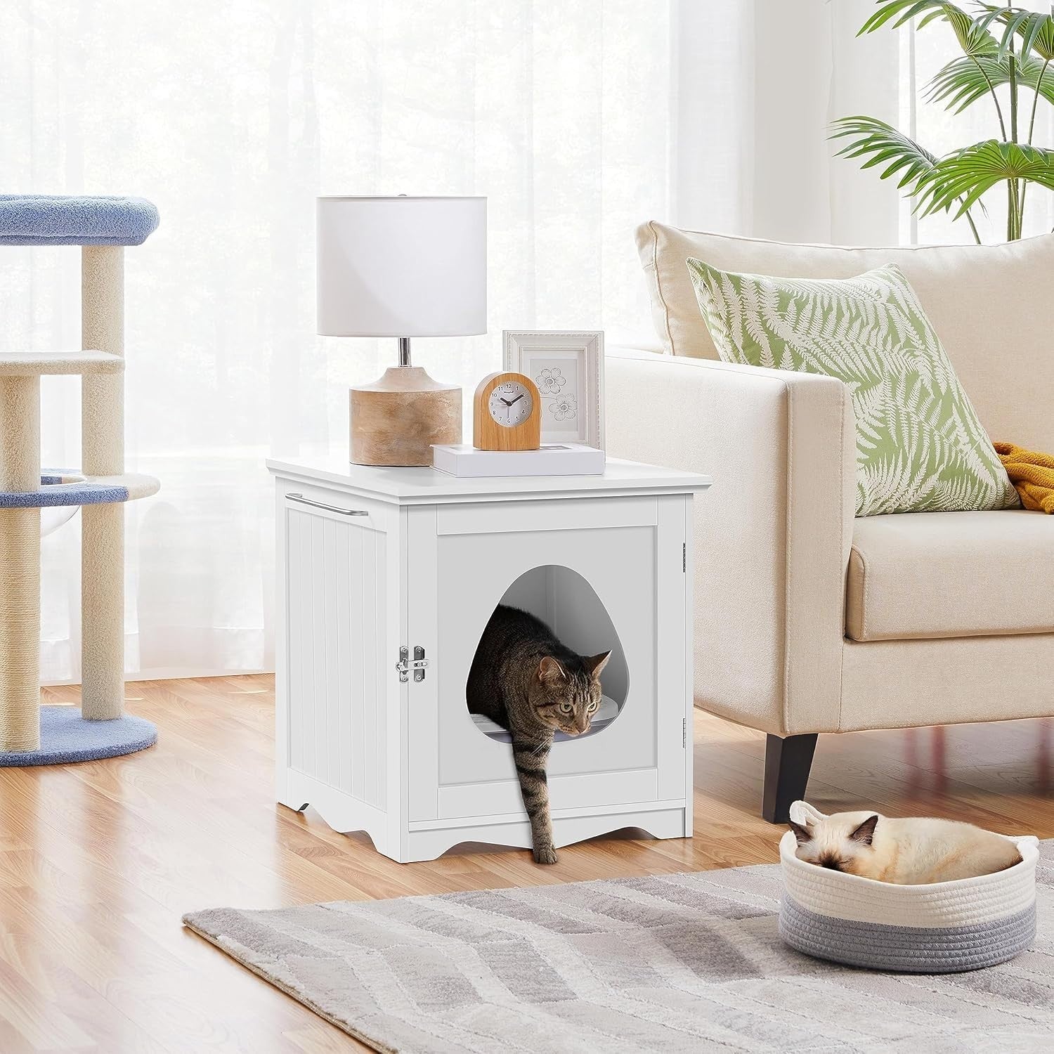 Hidden Cat Litter Box Furniture with Towel Bar, Enclosed Cabinet White