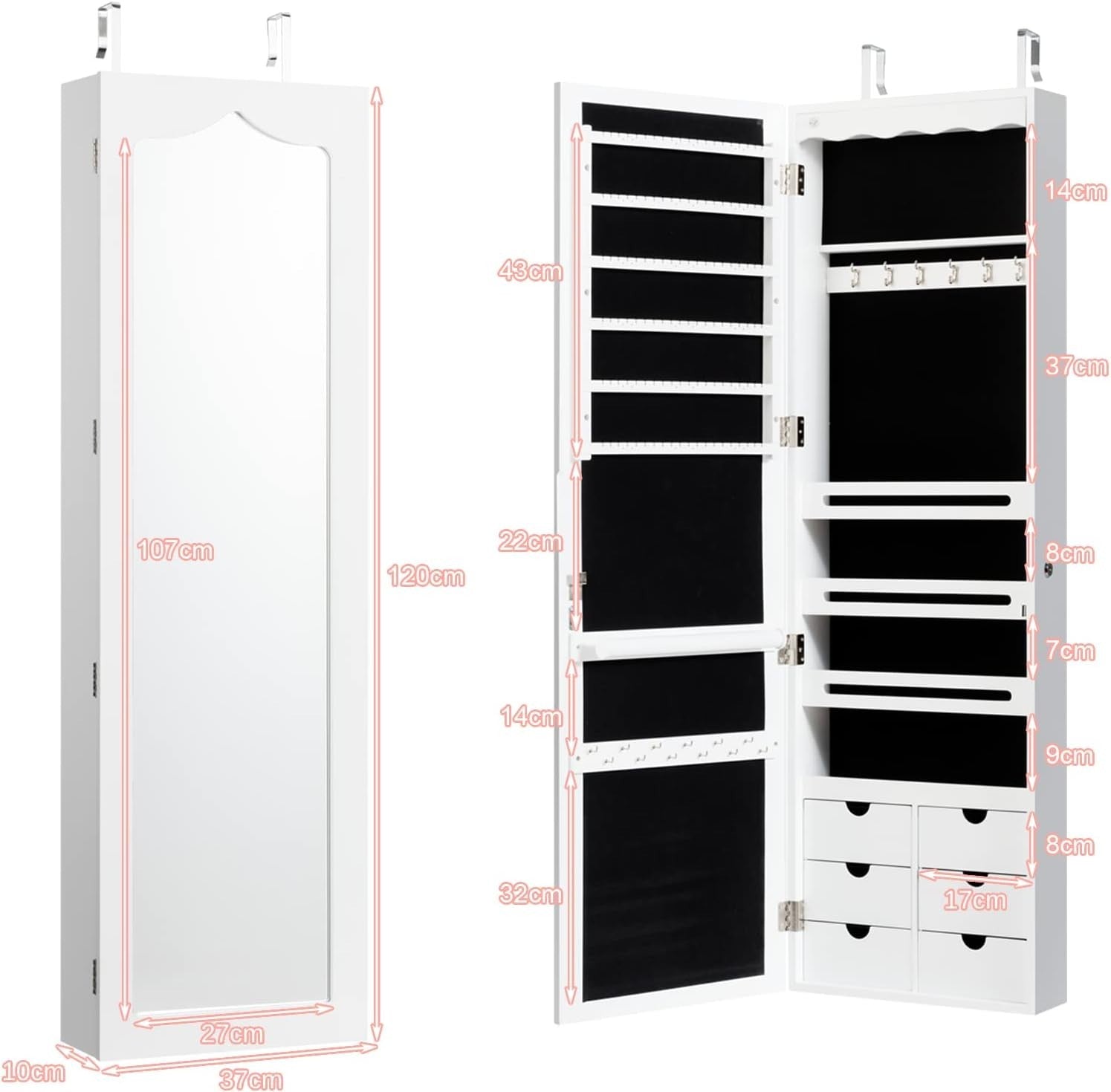 White LED Wall Mounted Jewelry Cabinet Mirror Lockable Hanging Organizer