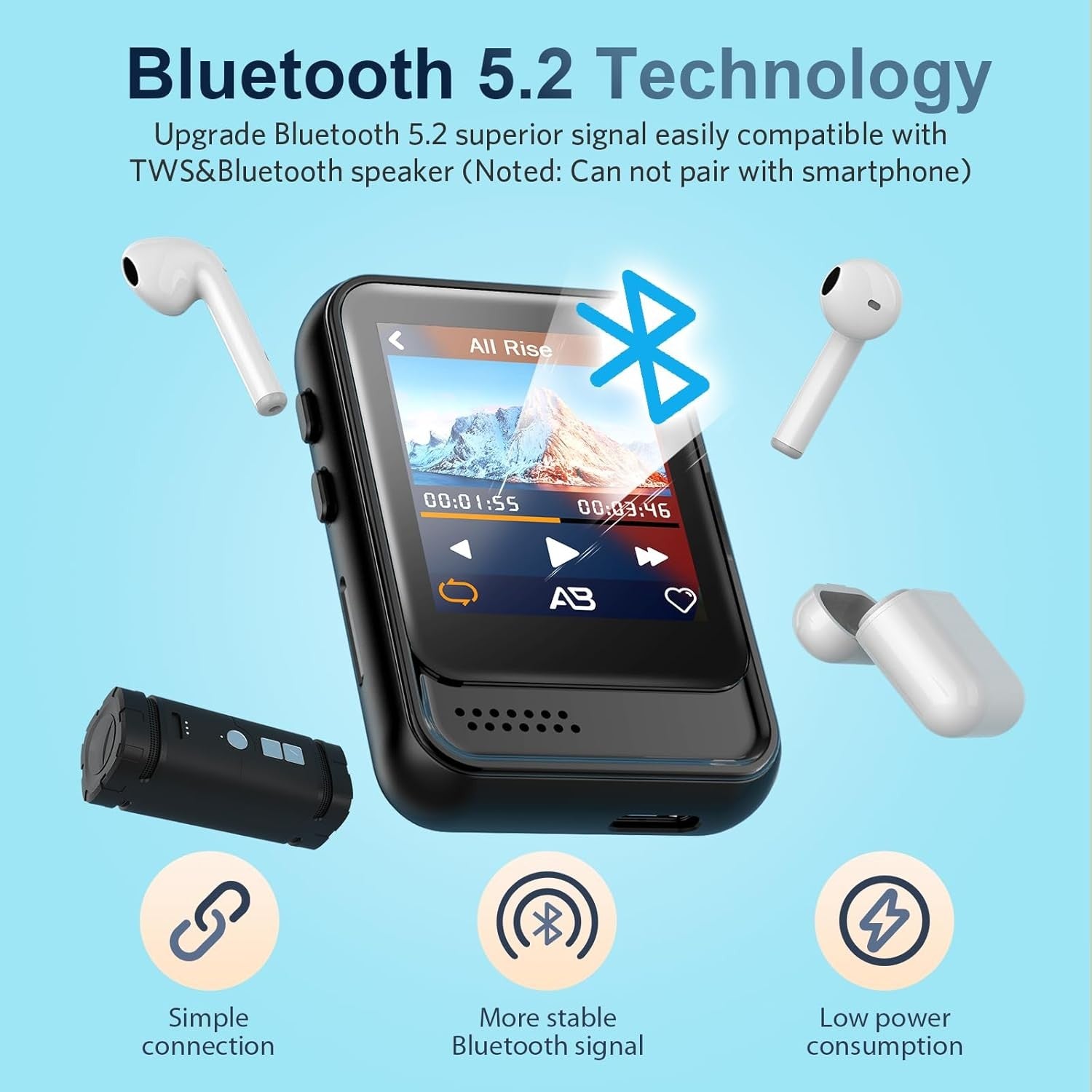 16GB MP3 Player Bluetooth Built-In Speaker FM Radio 128GB