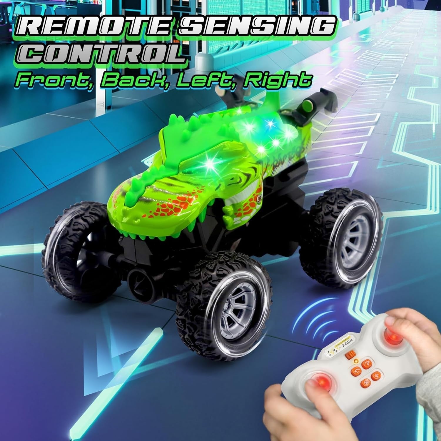 Dinosaur RC Car with LED Eyes – 2.4GHz Rechargeable Stunt Toy for Kids 6–12
