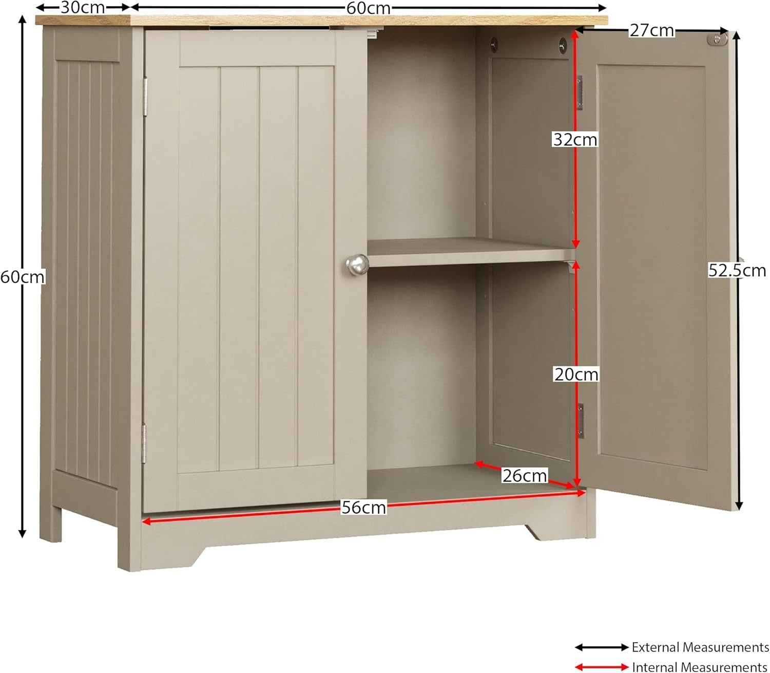 Grey Under Sink Bathroom Cabinet with Doors & Shelf Storage 60x30x60cm