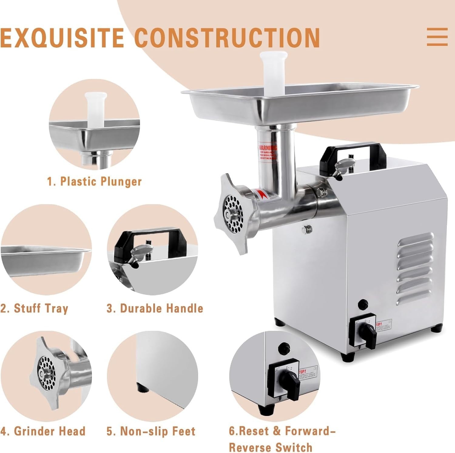 735W Commercial Meat Grinder Sausage Maker 150kg h Stainless Steel