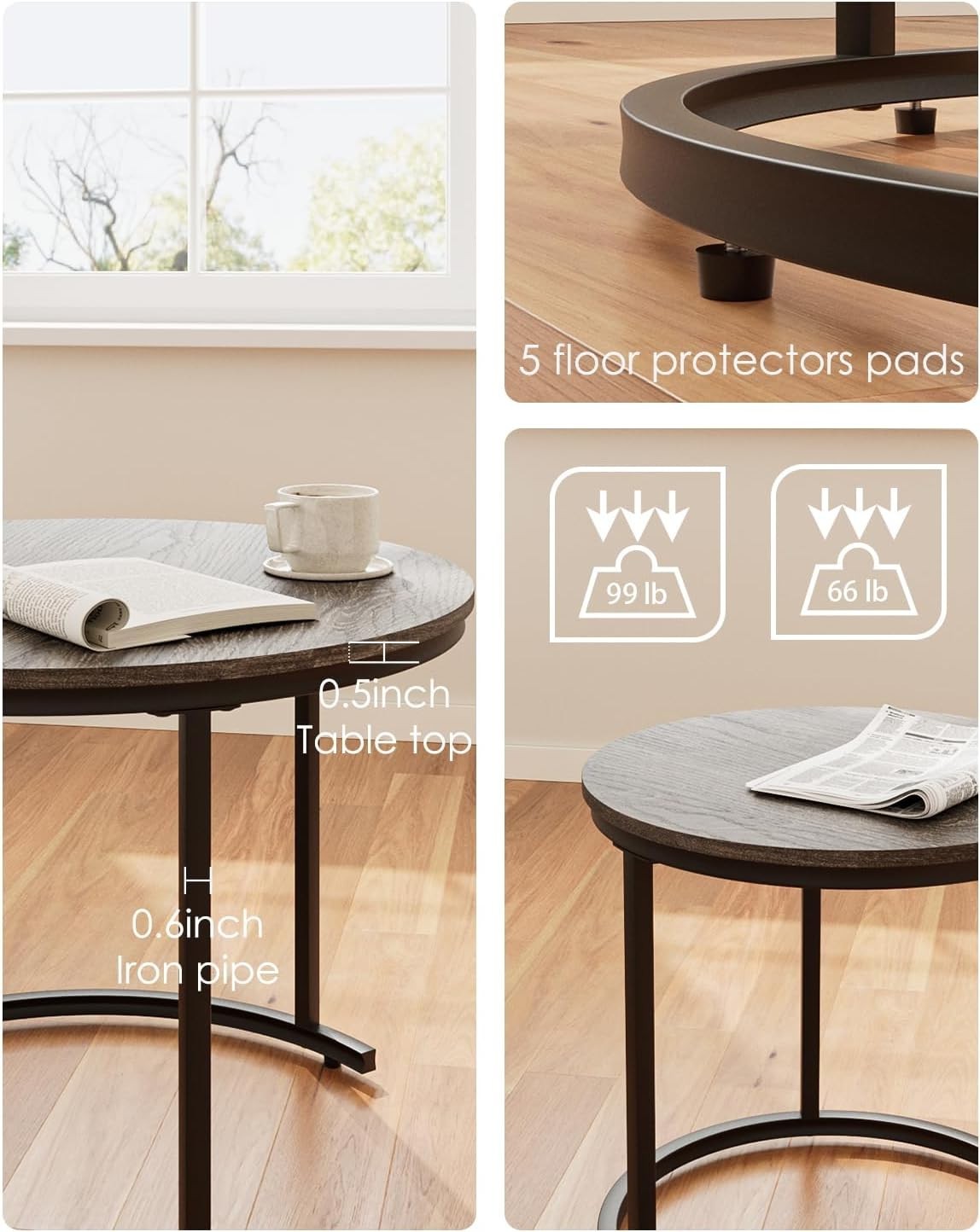 Round Nesting Coffee Tables Set of 2 – Grey Top Black Frame, Space-Saving