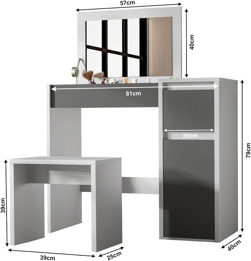 Vanity Dressing Table Set w/Flip-Up Mirror Desk Stool Drawer Hidden Storage Grey
