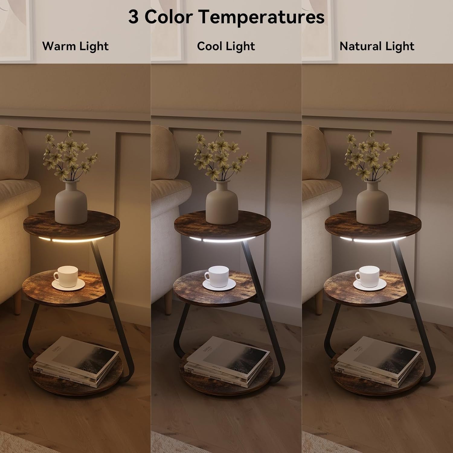 Round Side Table with LED Lights & 3 Tiers – End Bedside Coffee Table