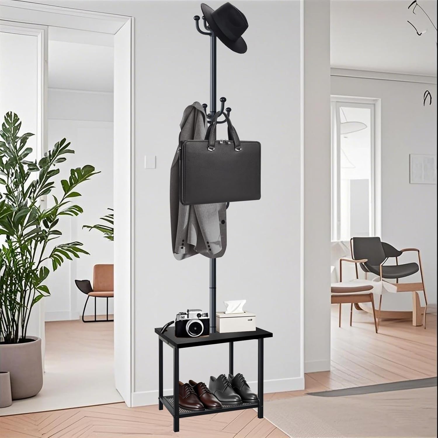 Rustic Black Hall Tree Coat Rack with Bench & Shoe Storage | 12 Hooks Stand