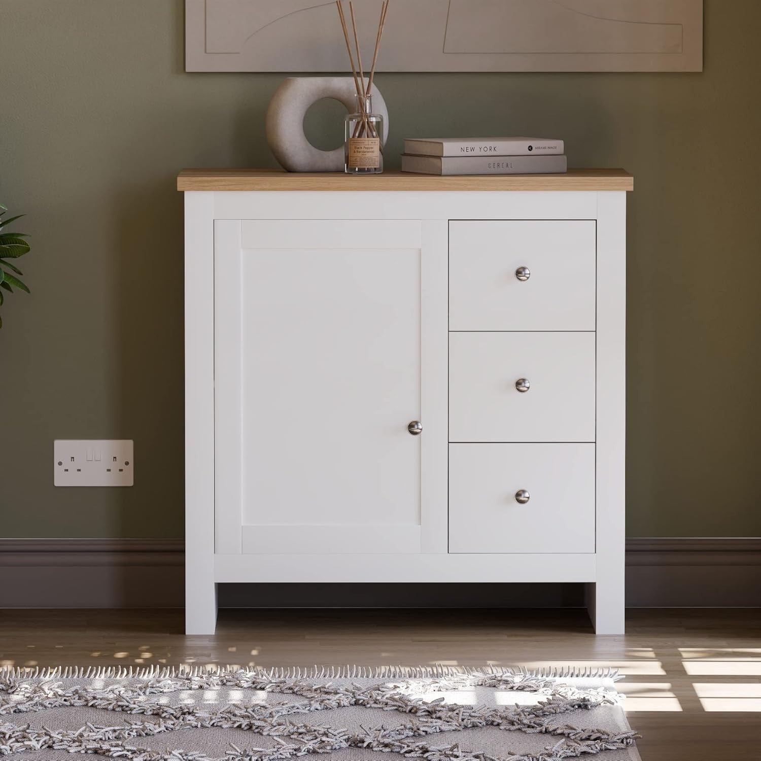 White Sideboard Cabinet with 3 Drawers Oak Top Storage Unit Hallway Slim