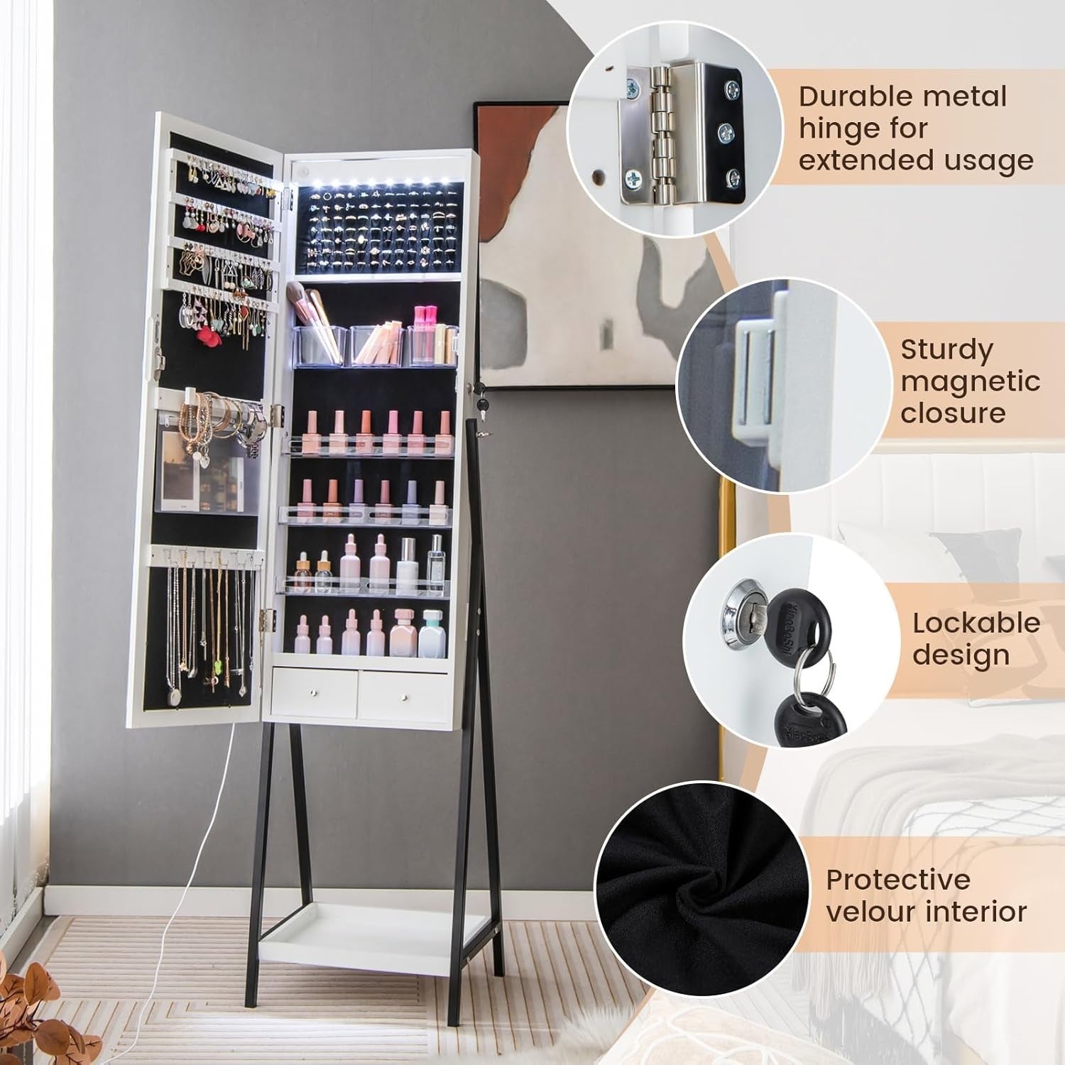 LED Jewelry Cabinet Freestanding Lockable Armoire Full Length Mirror White
