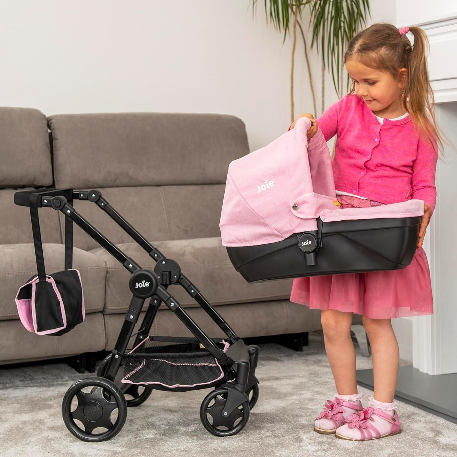 Dolls Pram with Detachable Carrycot, Adjustable Handle, Storage, 3+