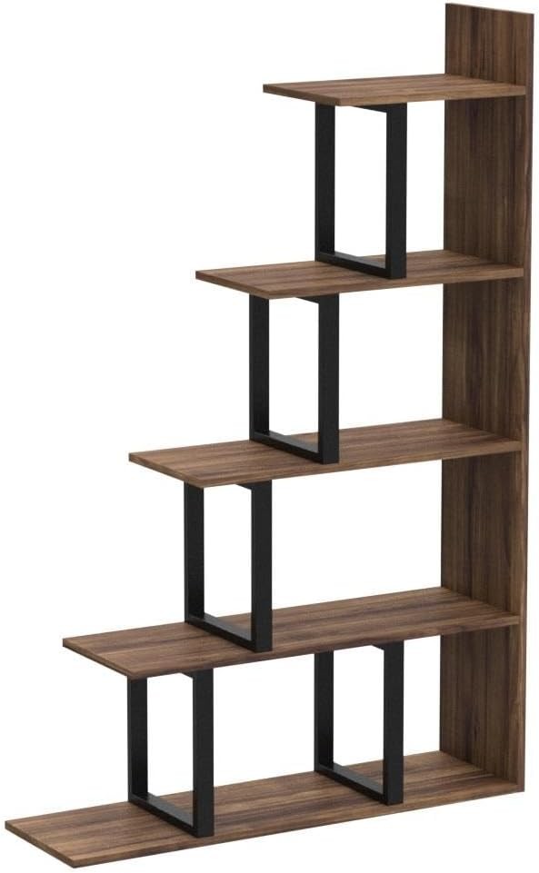 5-Tier L-Shaped Ladder Bookcase | Industrial Retro Brown Corner Shelf Unit