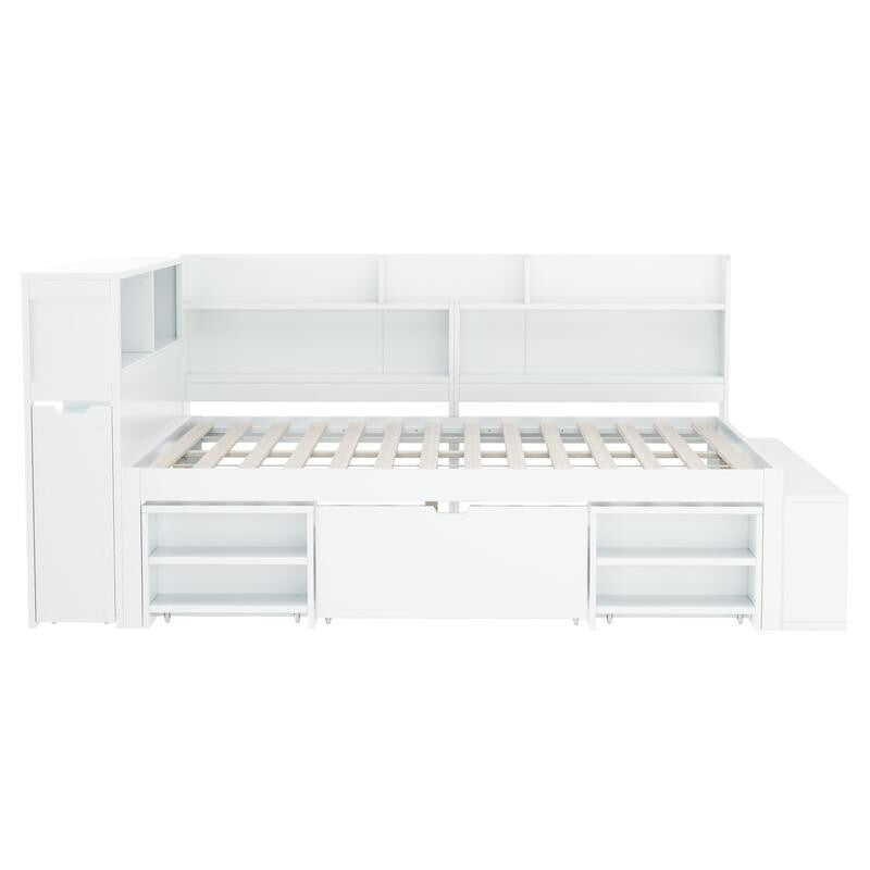 Kids Double Bed with Storage Drawers Bookcase Shelves 4ft6 White 135x190cm