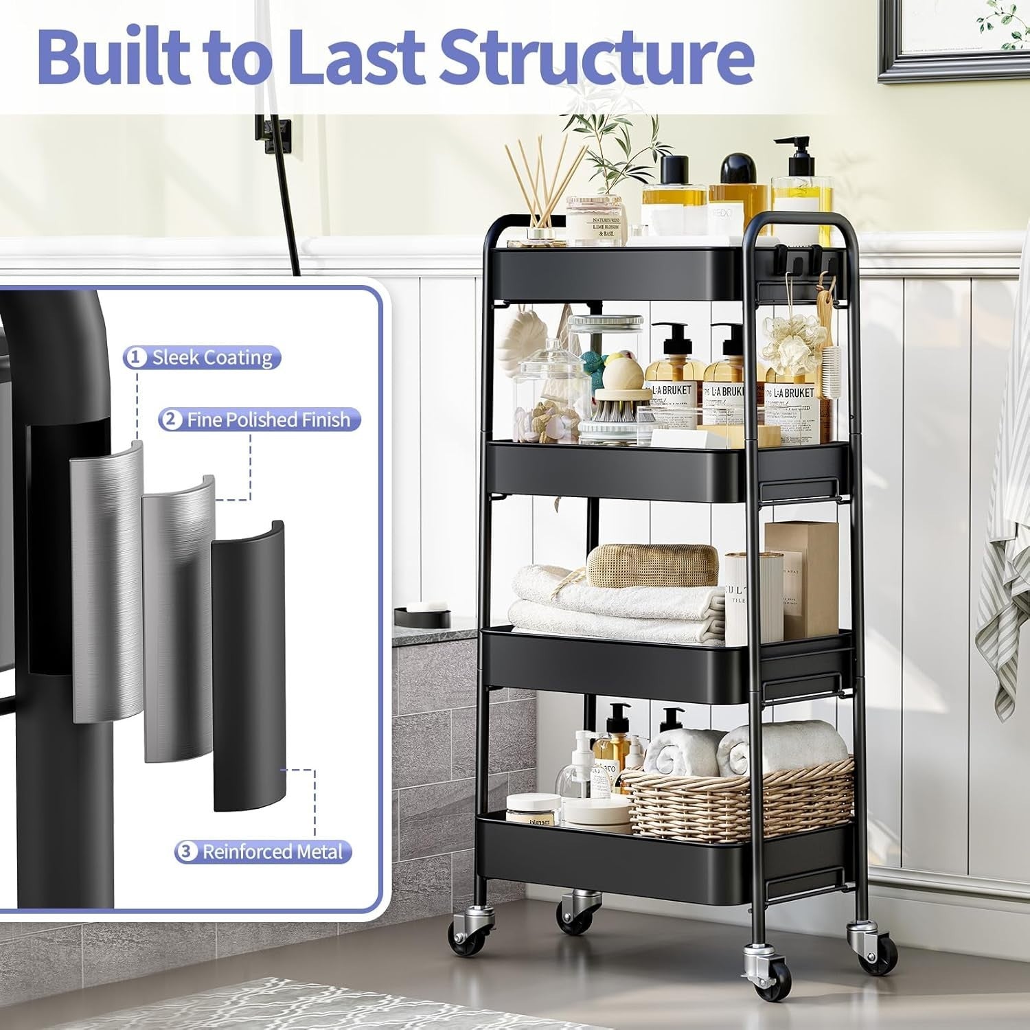 4 Tier Rolling Storage Cart Metal Utility Trolley Organizer on Wheels
