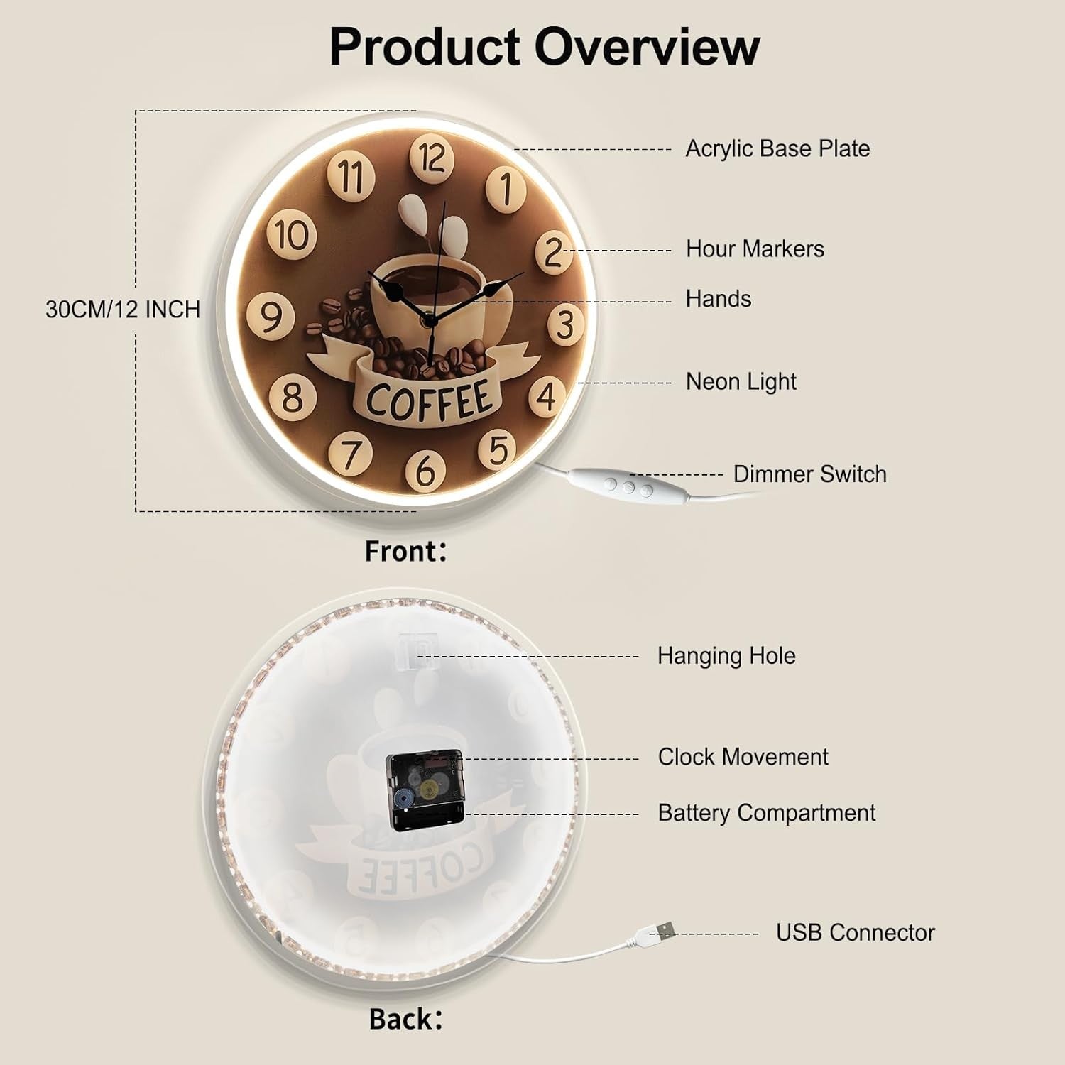 Coffee Neon Wall Clock LED Dimmable Silent Kitchen Cafe Home Decor