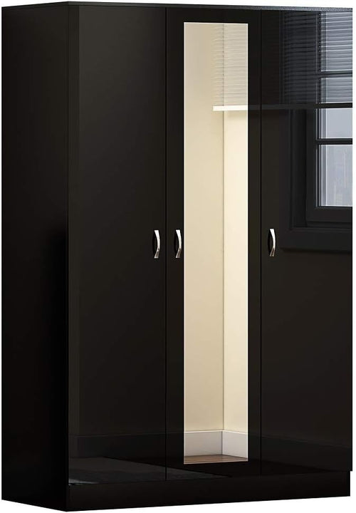 Black Gloss 3-Door Mirrored Wardrobe with Hanging Rails & Adjustable Shelves