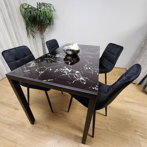 Black Marble Effect Dining Table Set with 4 Velvet Chairs – Modern Glass